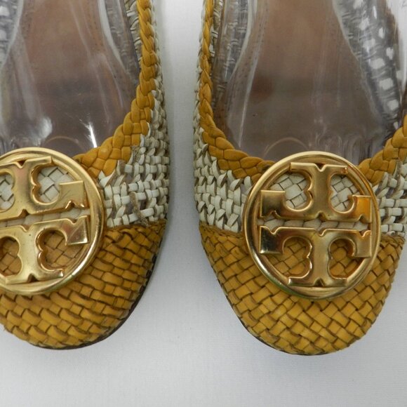 Tory Burch Chelsea Leather Woven Logo flats slides mustard white Size Sz 8.5 - Picture 5 of 13